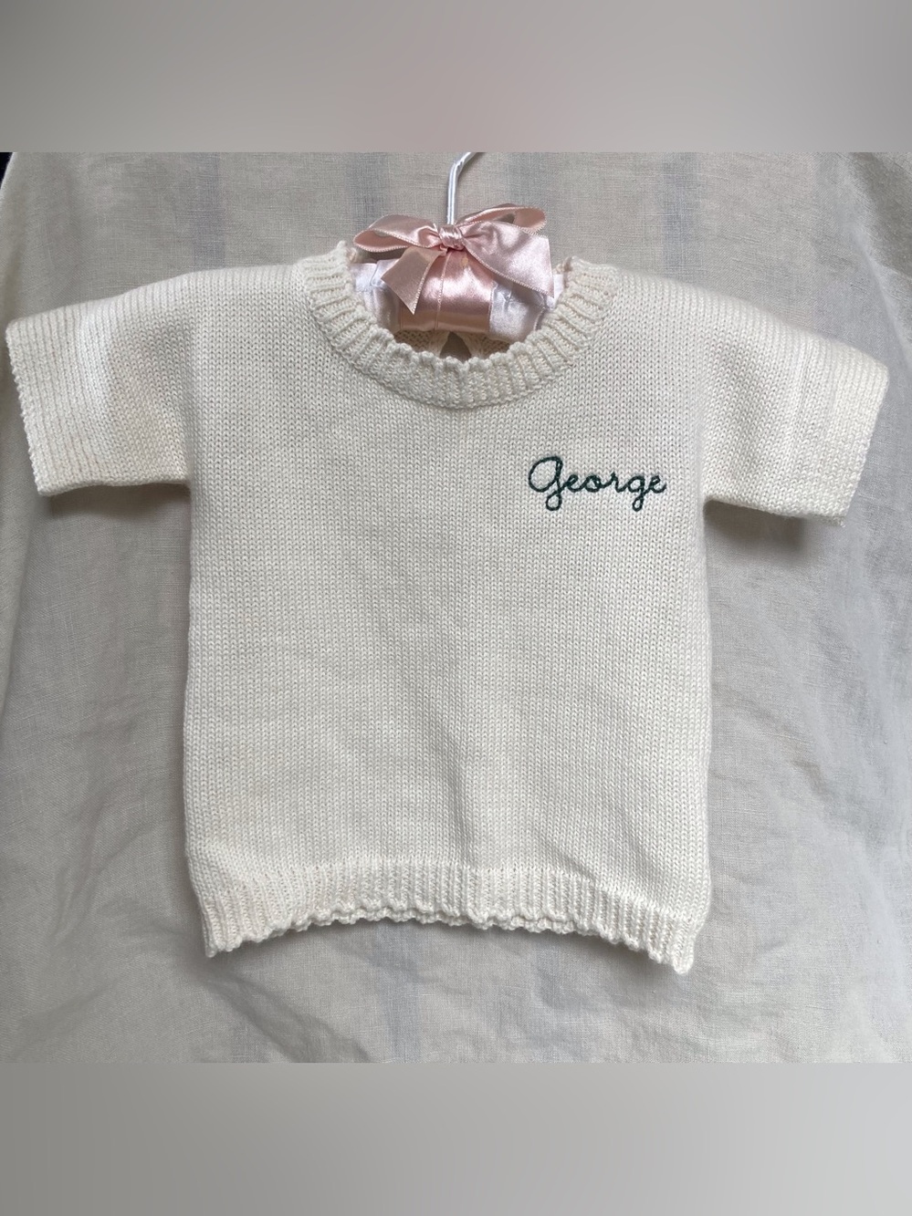 Cream Knit Kids Sweater with Green Script Name